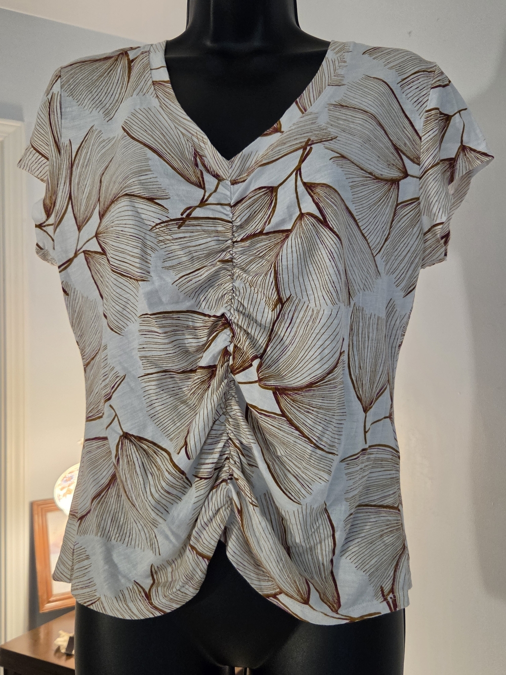 DKNY White Botanical Ruched V-Neck Blouse with Brown Leaf Print